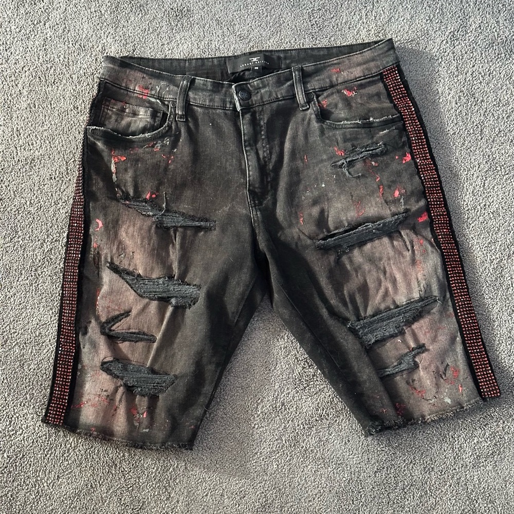 Jordan Craig McBling Shorts Black Red OlderBrothercore Distressed Ripped Sz 36”